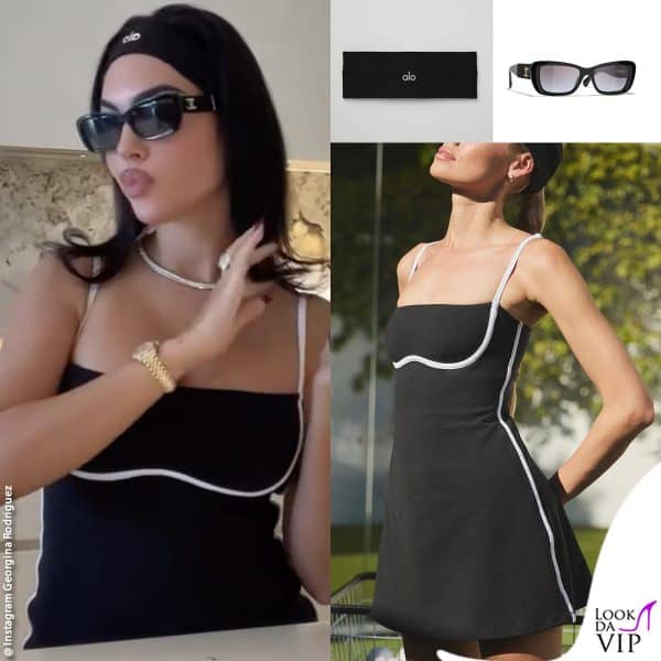 abito e fascia Alo, occhiali Chanel 