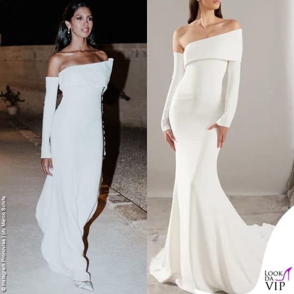 E' un modello Pronovias anche il secondo abito di Nayra Garibo, con scollo asimmetrico 