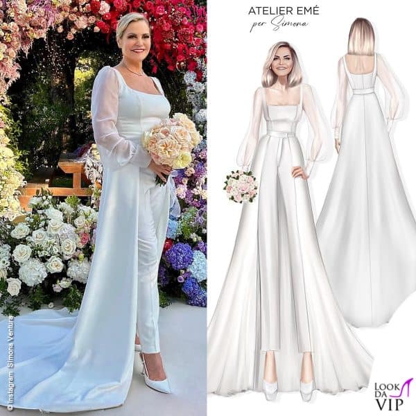 Simona Ventura in abito da sposa: per le nozze con Giovanni Terzi ha scelto un outfit con i pantaloni, di Atelier Eme, e scarpe Gianvito Rossi