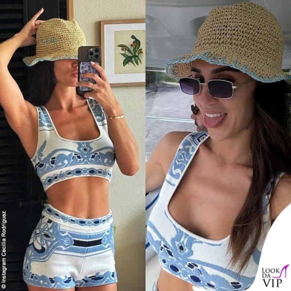 completo ricamato sui toni dell'azzurro e cappello Me Fui