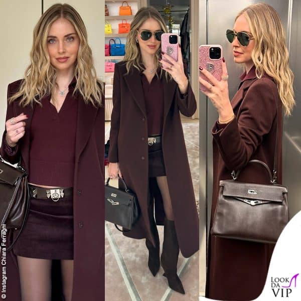 Chiara Ferragni indossa cappotto e maglia Federica Tosi, borsa e cintura Hermès, gonna Zara