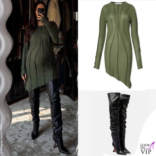 Giulia Valentina fascia il pancione con un abito Sami Miro VIntage, ai piedi stivali Amina Muaddi