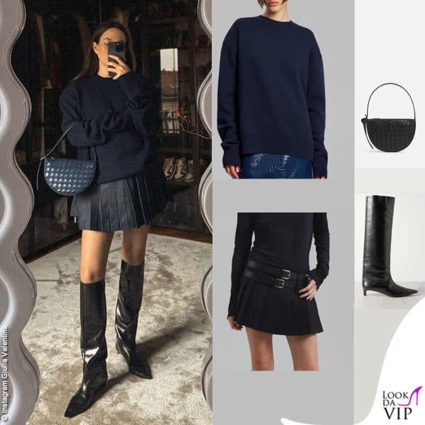 Il look premaman di Giulia Valentina è composto da maglione e gonna The Frankie Shop, borsa Bottega Veneta e scarpe Jill Sander