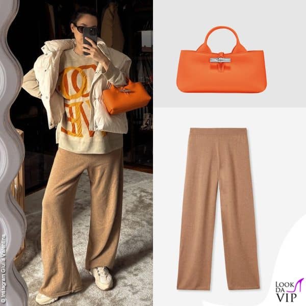 Giulia Valentina sfoggia pantaloni Falconeri e borsa Longchamp