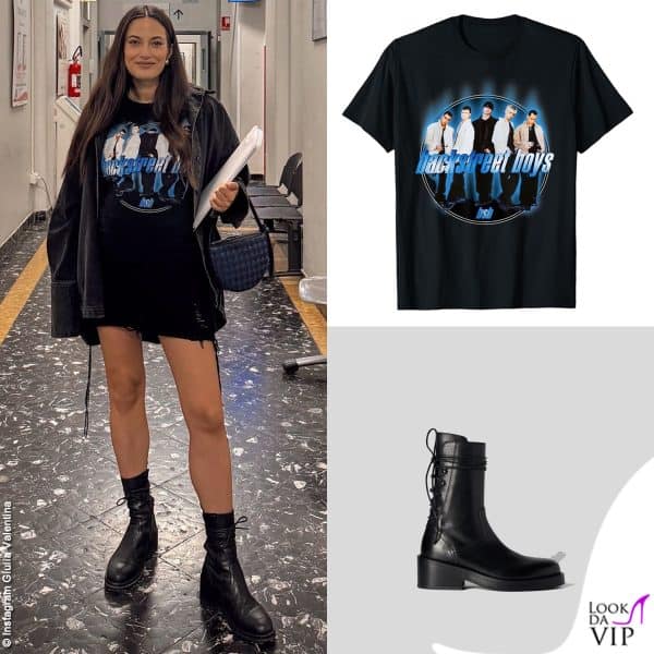 Giulia Valentina a un passo dal parto indossa tshirt official merchandise Backstreet Boys, borsa Bottega Veneta e scarpe Ann Demeulemeester