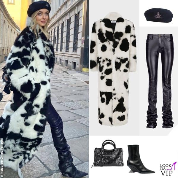 cappotto Generation 78, pantaloni e stivali The Attico, berretto Vivienne Westwood, borsa Balenciaga 