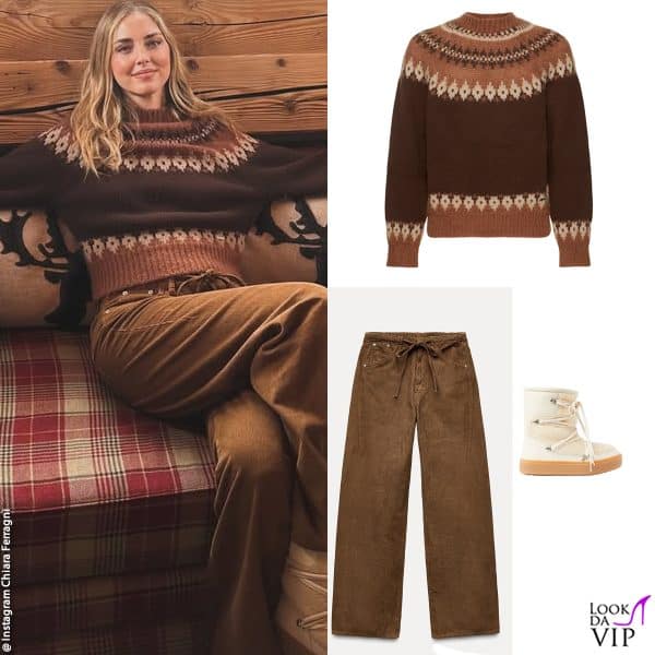 maglione Dsquared2, pantaloni Zara, doposci Chiara Ferragni Brand 