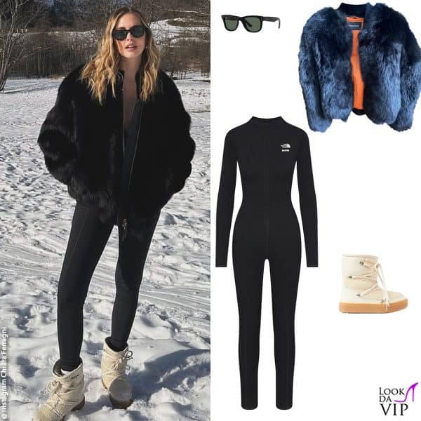 catsuit The North Face x Skims, bomber Numero Otto, occhiali Rayban, doposci Chiara Ferragni Brand 