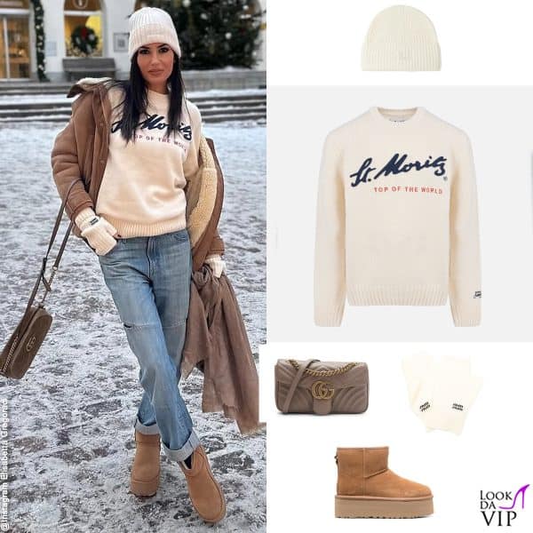 cappello e maglione MC2 Saint Barth, guanti Miu Miu, borsa Gucci, stivali Ugg 