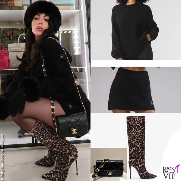 maglione, gonna e guanti Alo, borsa Chanel, stivali Le Silla 