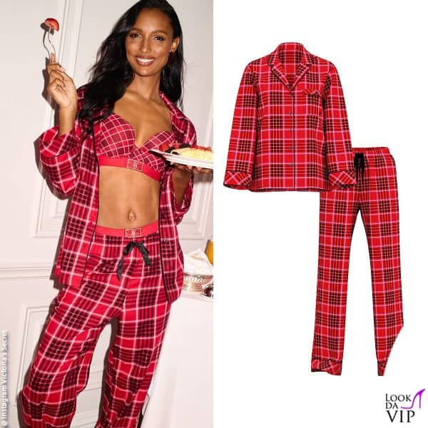 quadri tartan anche per Jasmine Tookes, nel pigiama Victoria's Secret 