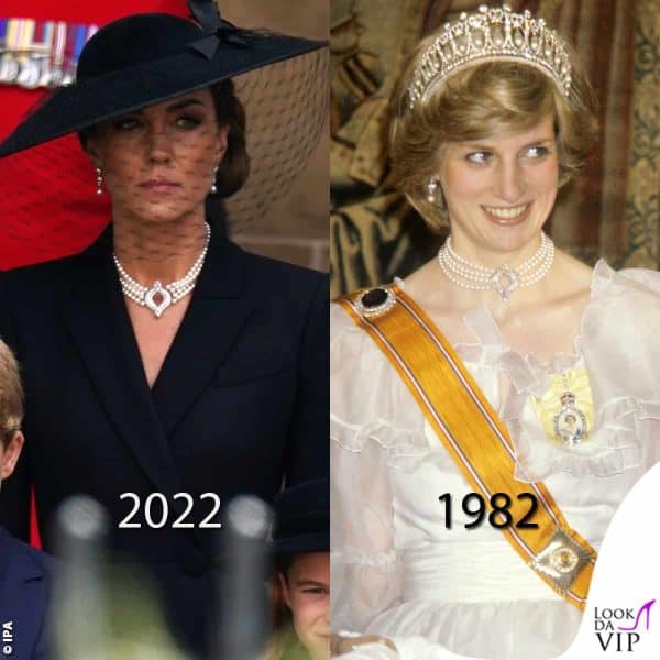 Kate Middleton al funerale di Elisabetta nel 2022 e Lady Diana nel 1982