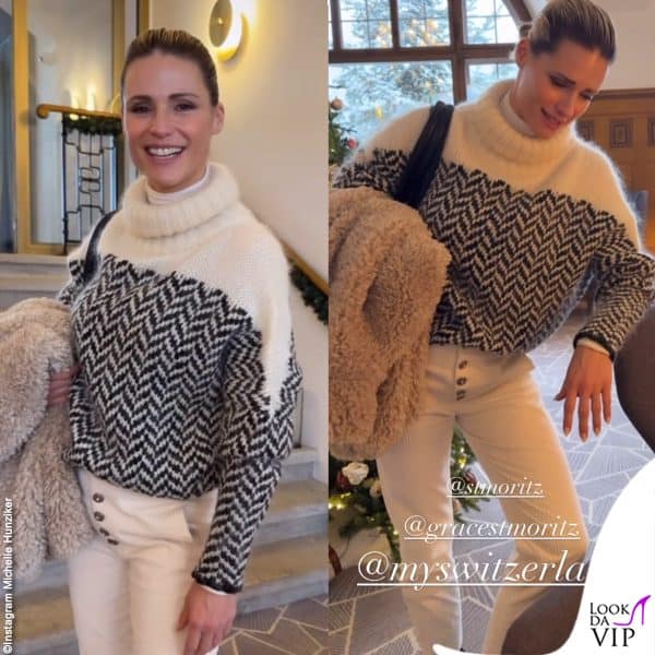 la Hunziker ha optato per calzoni a coste bianchi e maglione lavorato in lana 