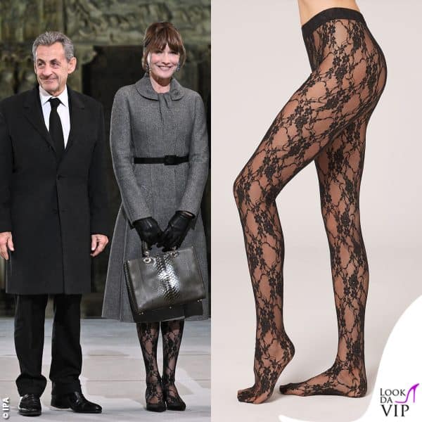 Carla Bruni sfoggia calze dal ricamo floreale Calzedonia (24 euro)