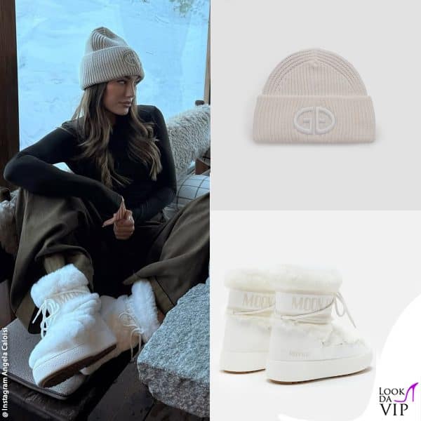 Angela Caloisi in baita con un cappello Goldbergh e doposci Moon Boot