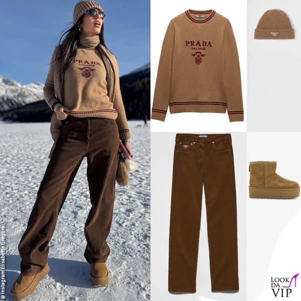 total brown per Elisabetta Gregoraci: cappello, maglione e pantaloni Prada, stivali Ugg 
