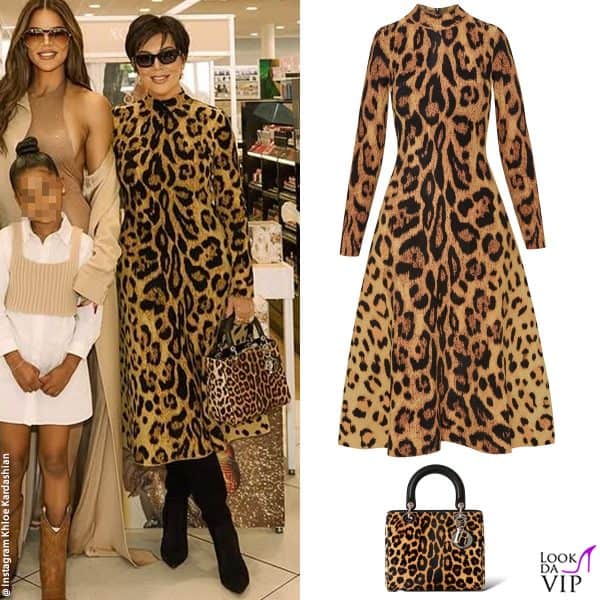 Kris Jenner sfoggia un abito maculato Oscar de la Renta con borsa Dior abbinata