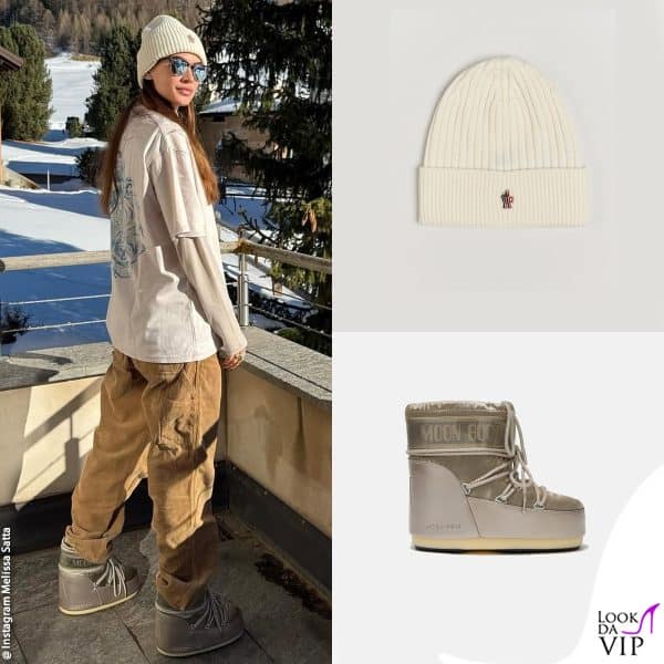 look casual per Melissa Satta con cappello Moncler e doposci Moon Boot 