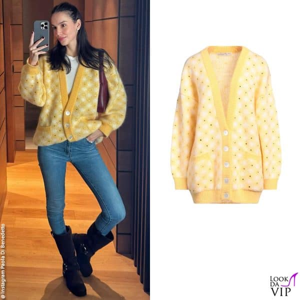 Paola Di Benedetto con il cardigan Alessandra Rich