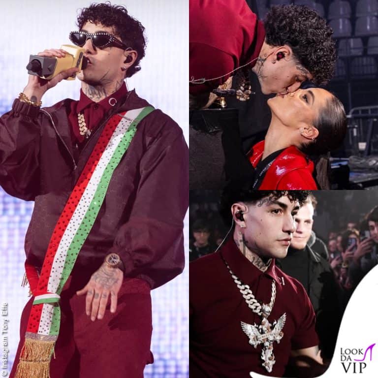 Tony Effe concerto Capodanno Roma outfit bordeaux Gucci Giulia De Lellis