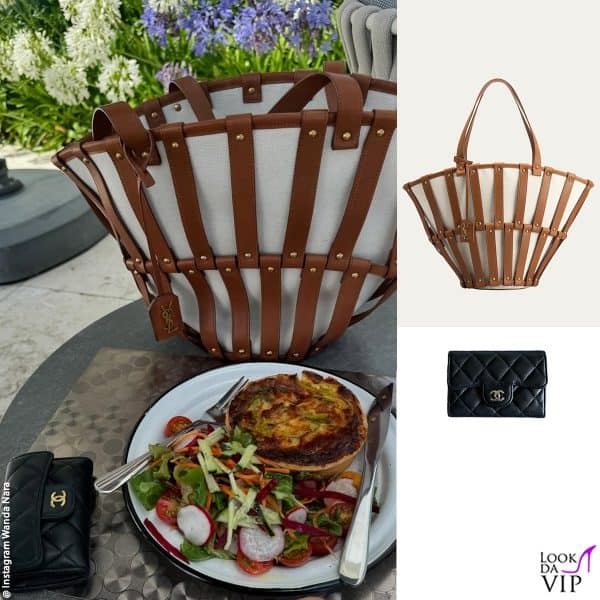 pranzo con accessori di lusso per Wanda: borsa Saint Laurent, portafoglio Chanel 