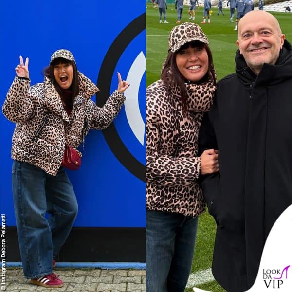 Piumino MG4coulture e cappellino Mango, entrambi a stampa maculata, per Debora Pelamatti allo stadio