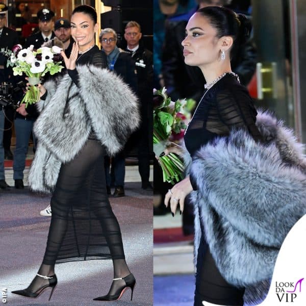 Elodie in Mugler con scarpe Amina Muaddi e gioielli Tiffany&Co. 