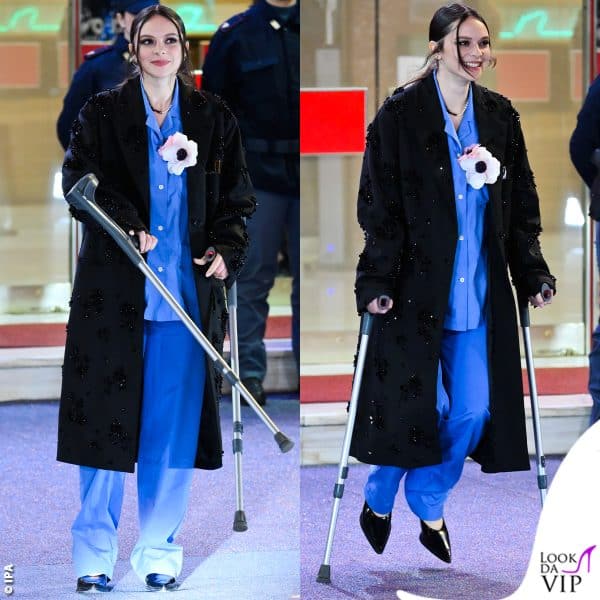 outfit Miu Miu e stampelle per Francesca Michielin 