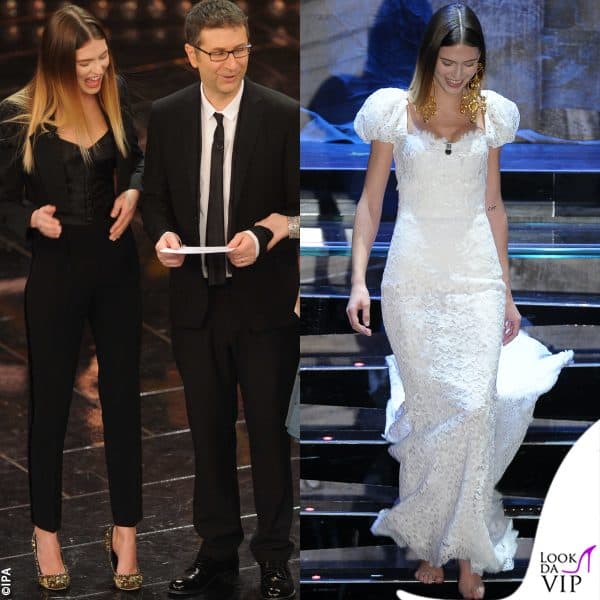 smoking maschile e abito in pizzo bianco con i piedi scalzi: gli altri due look all'Ariston nel 2013