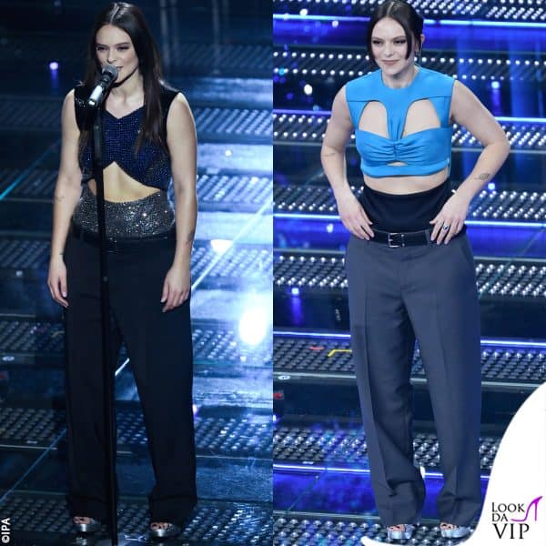 top incrociati e pantaloni con la doppia vita per Francesca Michielin, in Miu Miu 