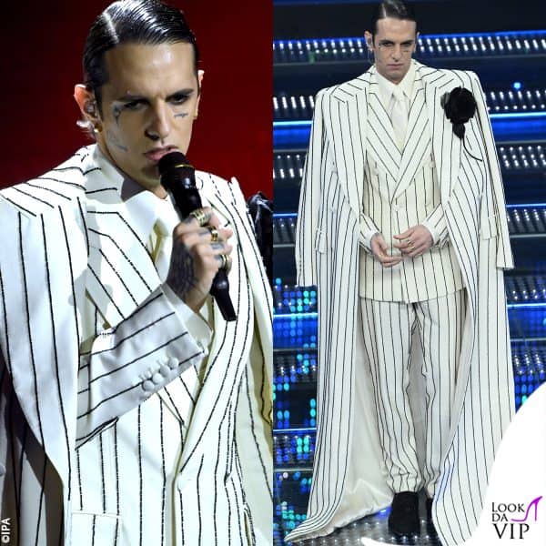 outfit Dolce&Gabbana e gioielli Damiani per Achille Lauro: l'effetto gessato è fatto di perline 