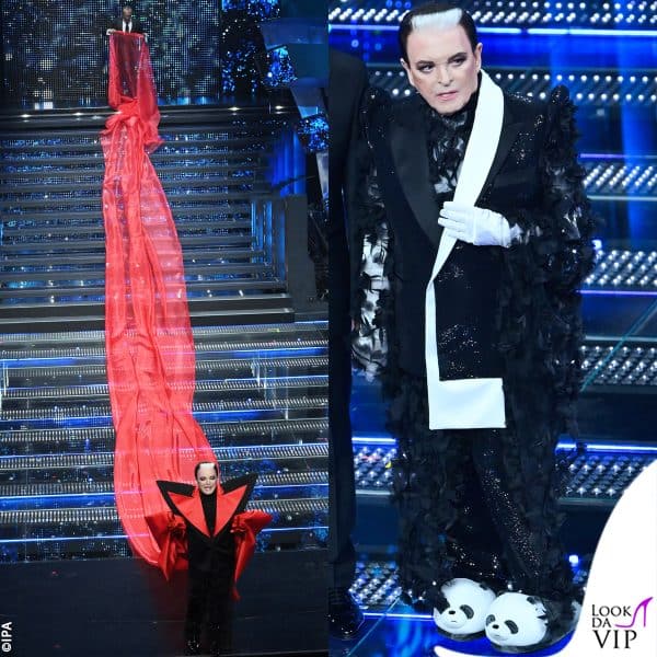 i look di Cristiano Malgioglio, co-conduttore della seconda serata: strascico rosso lungo 50 metri e ciabatte a forma di panda