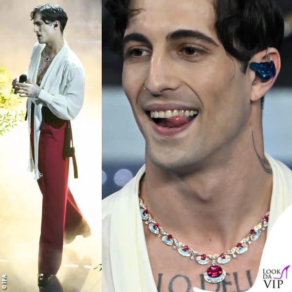 preziosa collana Bulgari per Damiano David, dandy in Valentino: il colore delle pietre è lo stesso dei pantaloni 