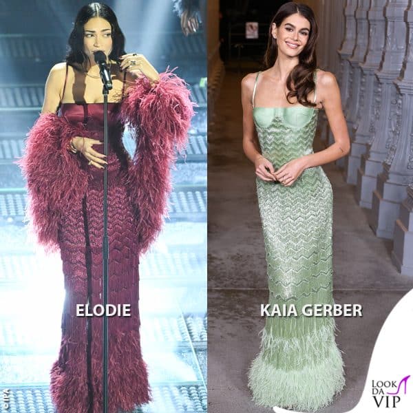 Elodie in Gucci: l'abito, in tonalità diversa, è come quello indossato a novembre da Kaia Gerber al LACMA Art+Film Gala