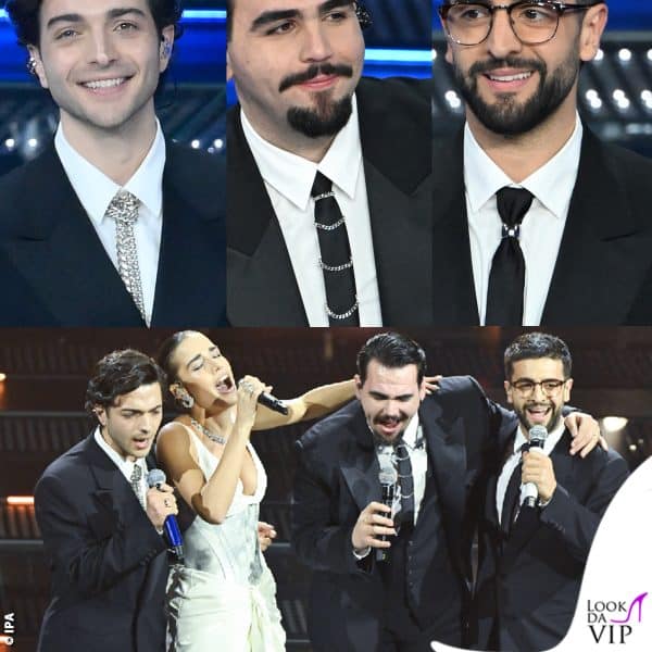 completi Trussardi e cravatte-gioiello per Il Volo, in duetto con Clara, sponsale nell'abito Ferrari 