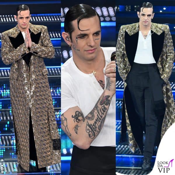 cappotto broccato oro, serafino e pantaloni sartoriali per l'ultima sera 