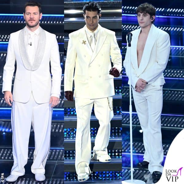 uomini in total white a Sanremo: Alessandro Cattelan in Giorgio Armani, Tony Effe in Gucci e Rkomi in Vivienne Westwood