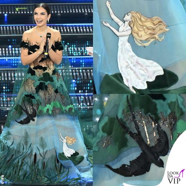 alberi, una rondine e una ninfa sul vestito di Elettra Lamborghini, fiabesca in Yanina Couture 