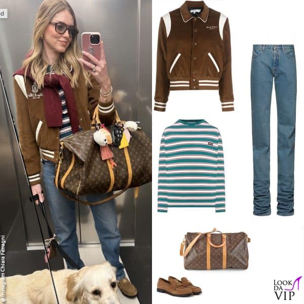 Chiara Ferragni in ascensore: giacca Sporty & Rich, maglia e mocassini Miu Miu, jeans The Attico, borsa Louis Vuitton 