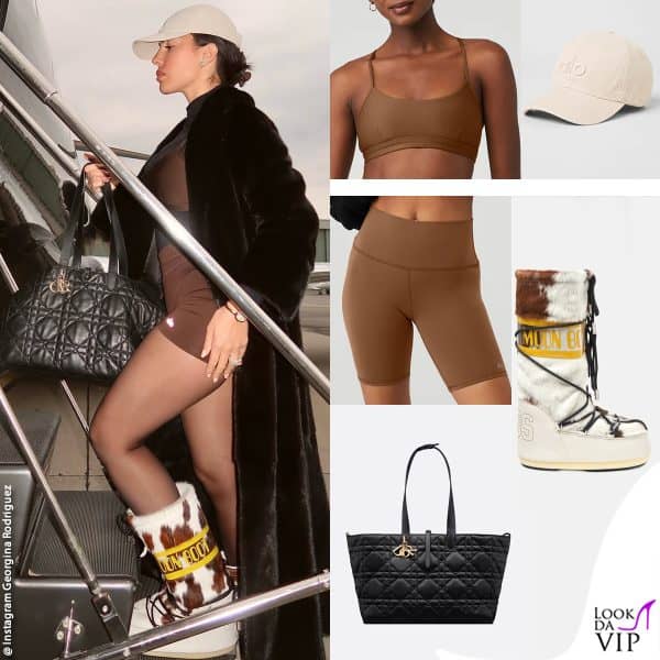 reggiseno, shorts e cappellino Alo, borsa Dior, stivali Moon Boot 