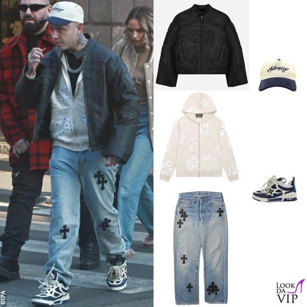 giacca Reaven, felpa Denim Tears, jeans Chrome Hearts, sneakers Louis Vuitton, cappello Anthony&Son