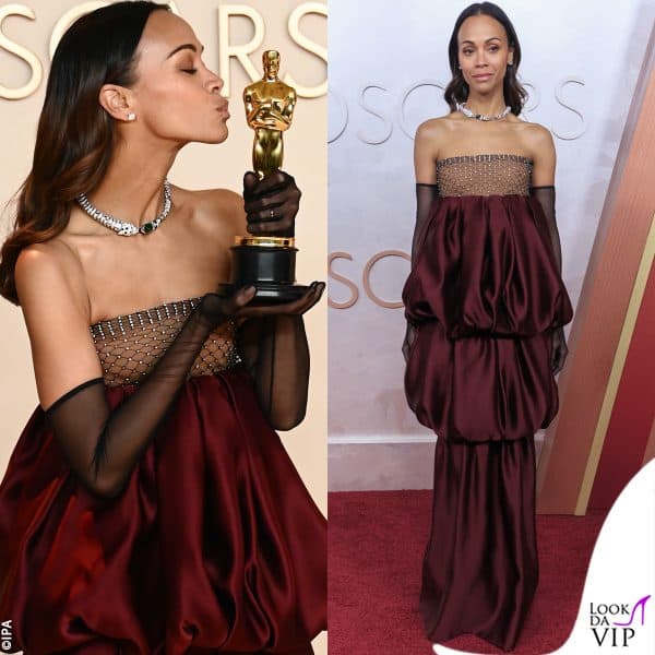 Zoe Saldana con un abito Saint Laurent e gioielli Cartier 