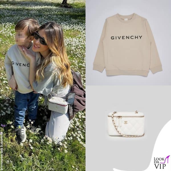 mamma e figlio modaioli: felpa Givenchy per Tommaso, borsa Chanel per Sara 