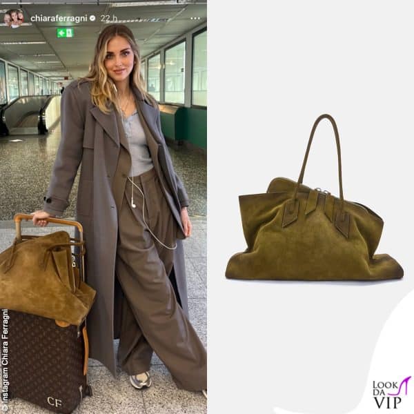 Anche Chiara Ferragni viaggia con una borsa oversize: la sua è il modello La Passeggiata di The Attico (1790 euro)