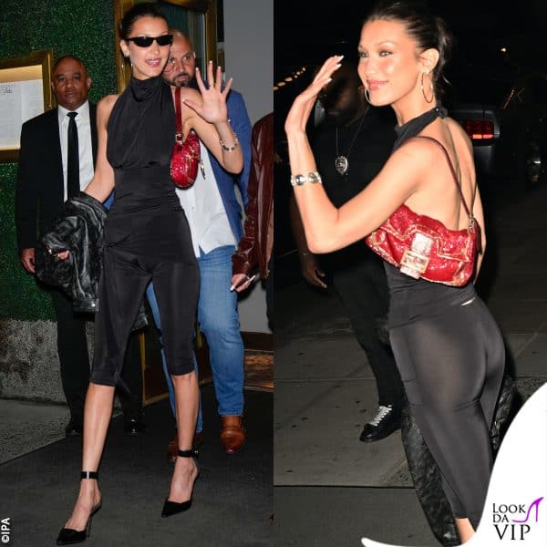 le ospiti illustri al party: Bella Hadid (borsa Fendi, scarpe Versace)