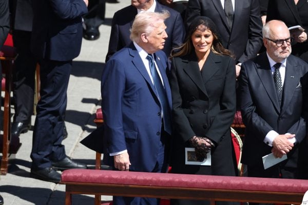 US President Donald Trump, his wife US First Lady Melania Trump, Estonia's President Alar Karis attending Pope Francis' funeral ceremony at St Peter's Square in The Vatican, on April 26, 2025. Photo by Raphael Lafargue/ABACAPRESS.COM