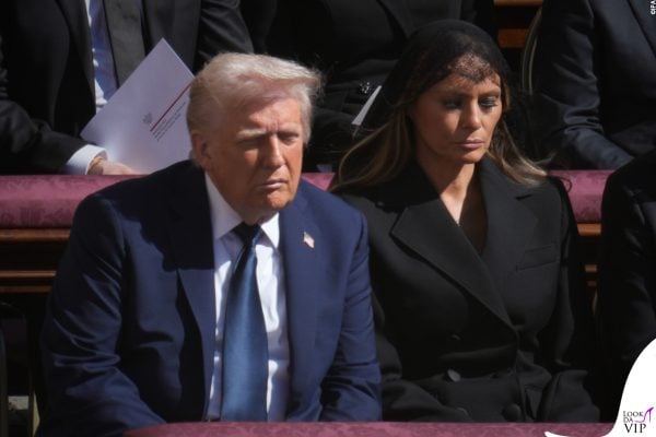 US President Donald Trump and Melania Trump are seen at the funeral of Pope Francis in Rome, Italy on 26 April, 2025. Turmp has been criticized for wearing a blue suit in stead of the customary black to the funeral of the late Pope. (Photo by Jaap Arriens / Sipa USA)