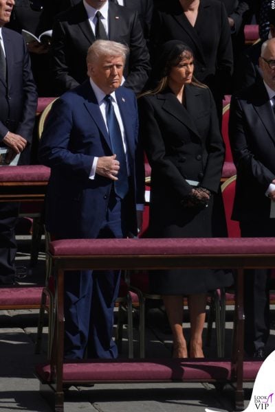 US President Donald Trump and Melania Trump are seen at the funeral of Pope Francis in Rome, Italy on 26 April, 2025. Turmp has been criticized for wearing a blue suit in stead of the customary black to the funeral of the late Pope. (Photo by Jaap Arriens / Sipa USA)