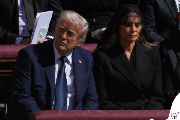 US President Donald Trump and Melania Trump are seen at the funeral of Pope Francis in Rome, Italy on 26 April, 2025. Turmp has been criticized for wearing a blue suit in stead of the customary black to the funeral of the late Pope. (Photo by Jaap Arriens / Sipa USA)