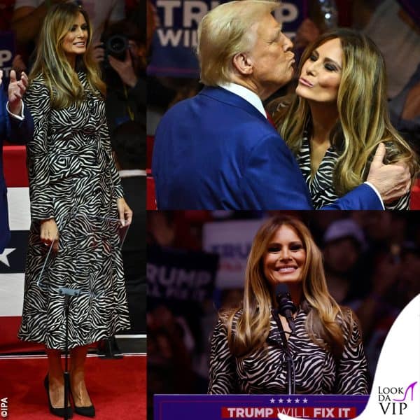 Melania nel cappotto zebrato Michael Kors durante un comizio a New York nell'ottobre 2024